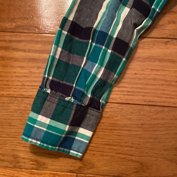 Navy blue, green, white plaid GAP ruffle neck blouse shirt with buttons - Picture 6 of 8